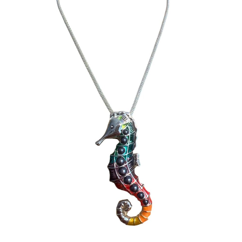Silver Tone Mesh Chain Necklace Seahorse Pendant Rainbow Enamel Faux Pearls Adj